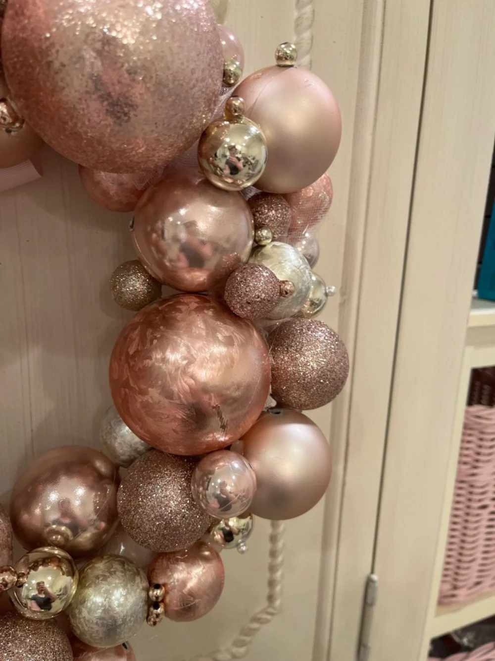 Holiday Pink and Rose Gold Ornament Wreath